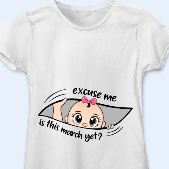 Custom Name & Month Maternity T-Shirt for Expecting Mom-Excuse Me Is It Time Yet Pregnancy Announcement Shirt