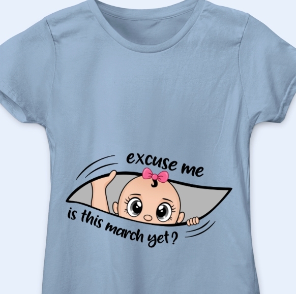 Custom Name & Month Maternity T-Shirt for Expecting Mom-Excuse Me Is It Time Yet Pregnancy Announcement Shirt
