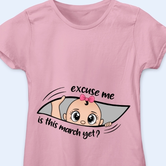 Custom Name & Month Maternity T-Shirt for Expecting Mom-Excuse Me Is It Time Yet Pregnancy Announcement Shirt