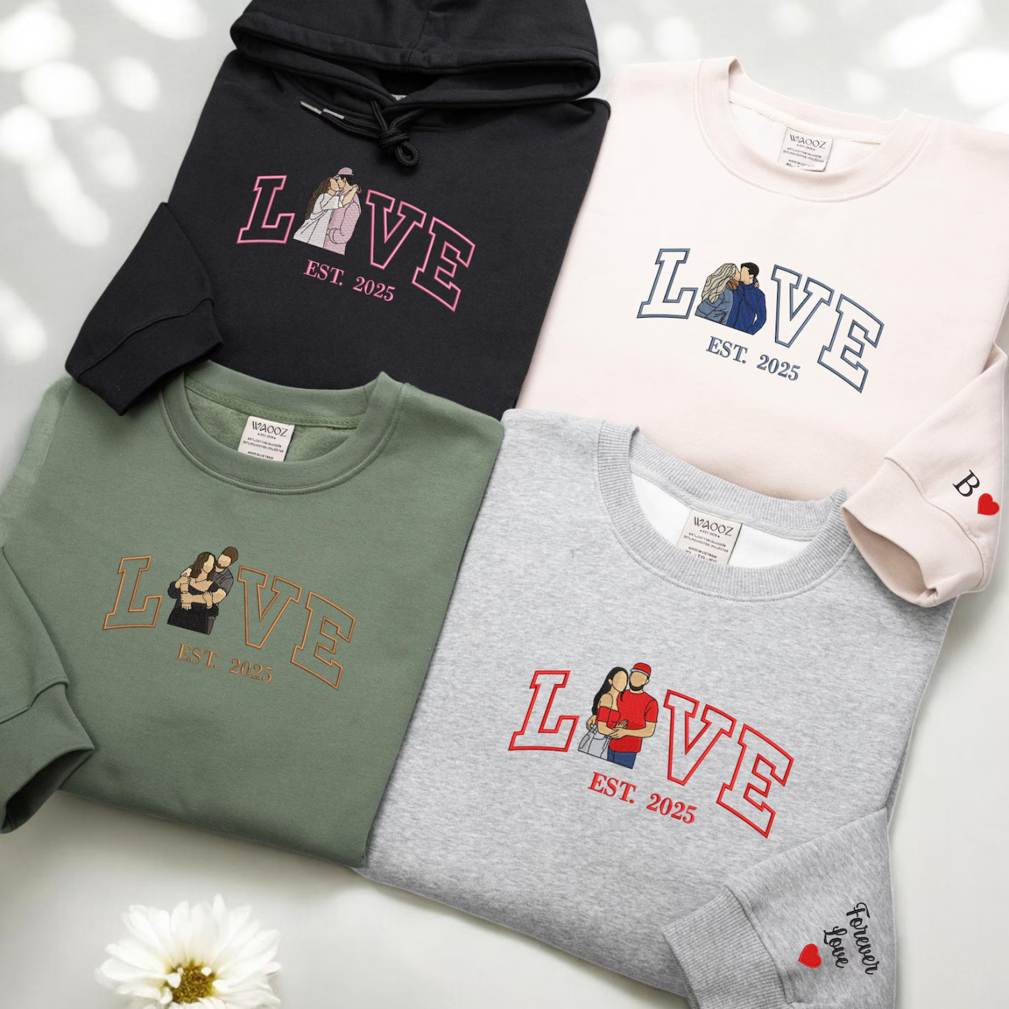 Personalized Embroidered Photo Couple LOVE Est Year Sweatshirt/Hoodie