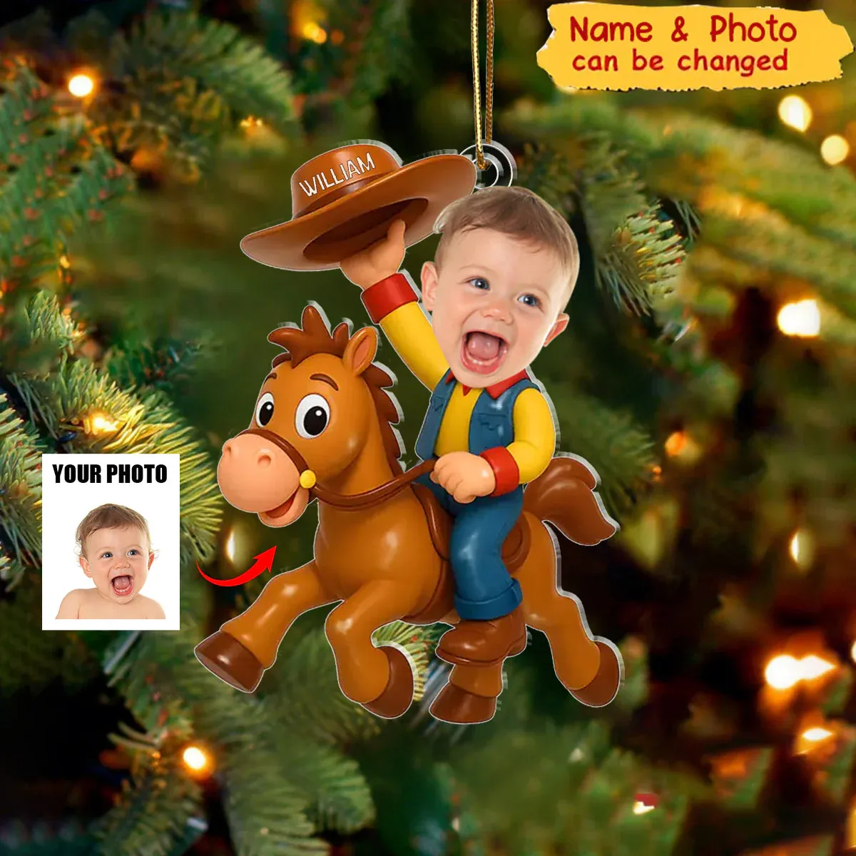 Personalized Christmas Photo Acrylic Ornament - Little Cowboy Adventure Time - MySpotifyGlass