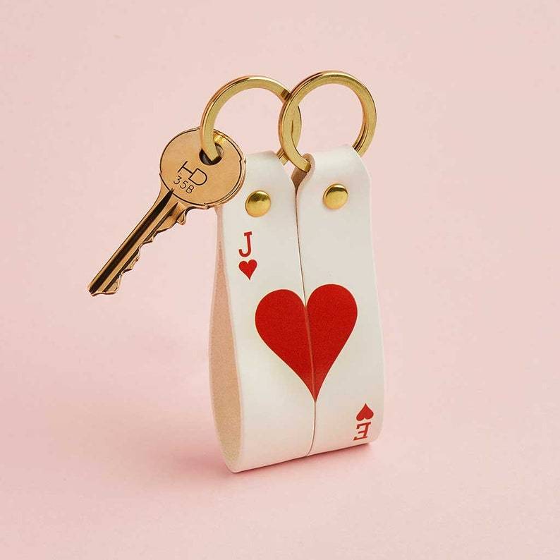 Custom Poker Card Heart Keychain Leather Couple Key Ring Valentine Gift