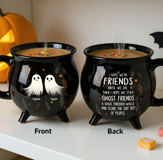 Personalized Ceramic Cauldron Coffee Mug with Ghost Illustration Holiday Party Gift