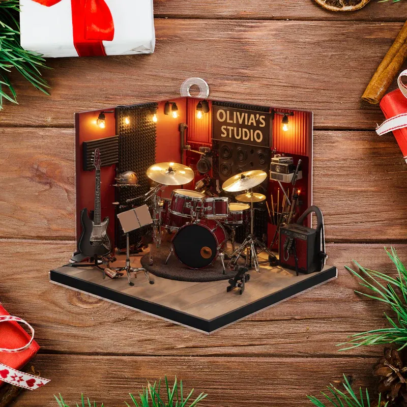 Personalized Drum Studio 2D Flat Acrylic Ornament – Custom Music Room Christmas Decoration Gift for Drummers & Musicians - MySpotifyGlass