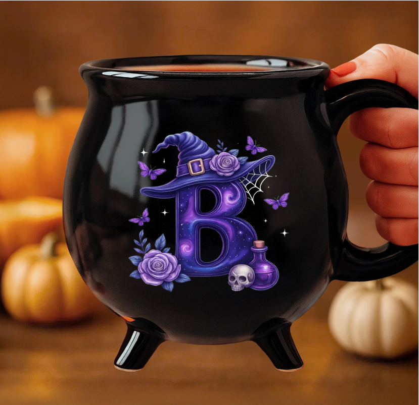 Custom 12oz Ceramic Cauldron Coffee Mug - Personalized Halloween Witchy Gifts For Besties Family Yourself Witchy Vibes Only Purple Letter