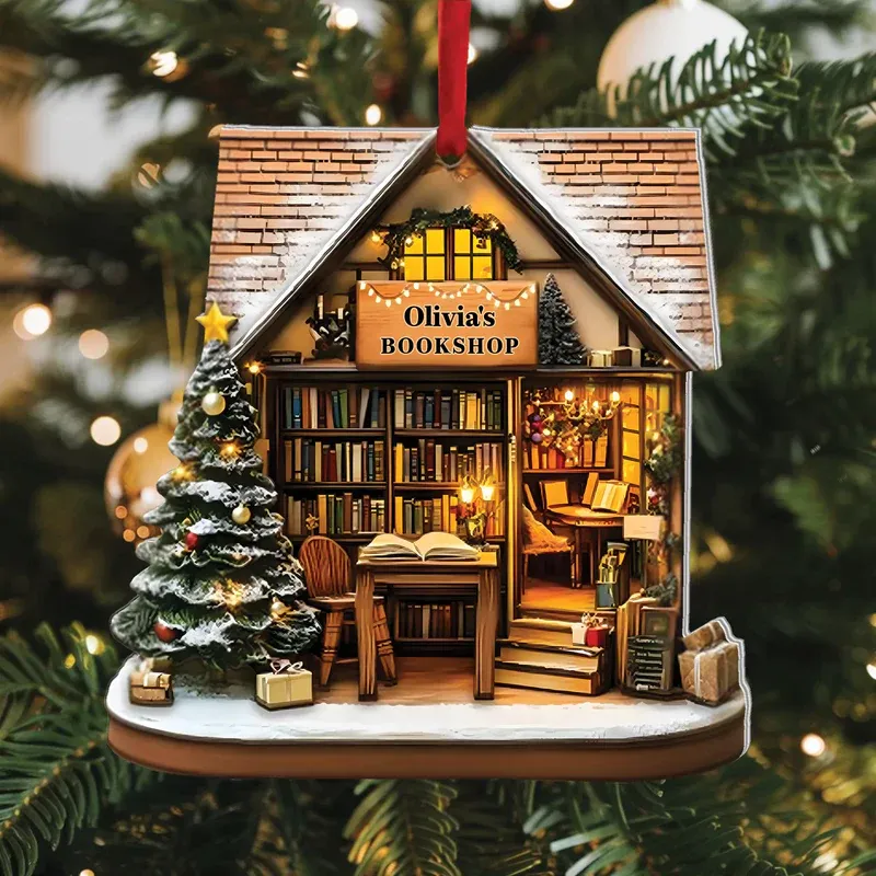 Bookshop Personalized Christmas Acrylic Ornament, Custom Name Holiday Tree Decoration for Book Lovers, Unique Ornament Gift for Readers - MySpotifyGlass