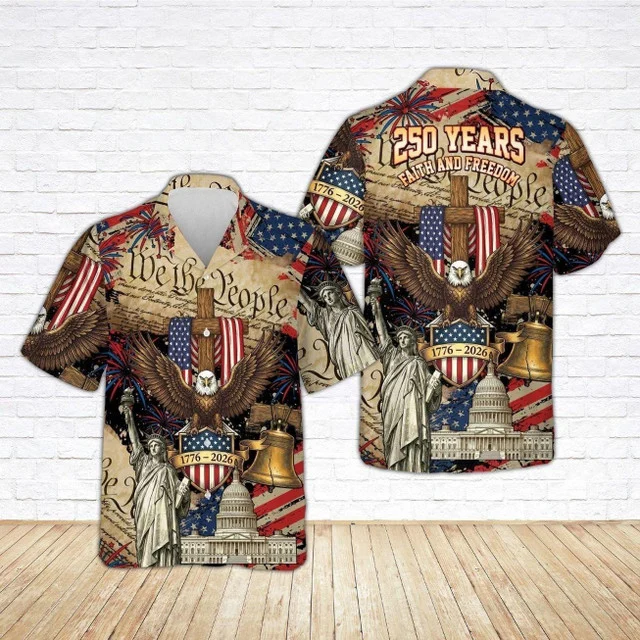 America 250th Anniversary Hawaiian Shirt, 250 Years Of Freedom Button Shirt, Patriotic Eagle 1776 2026, Statue Of Liberty, US Flag Shirt Hawaiian Shirt All Over Printed