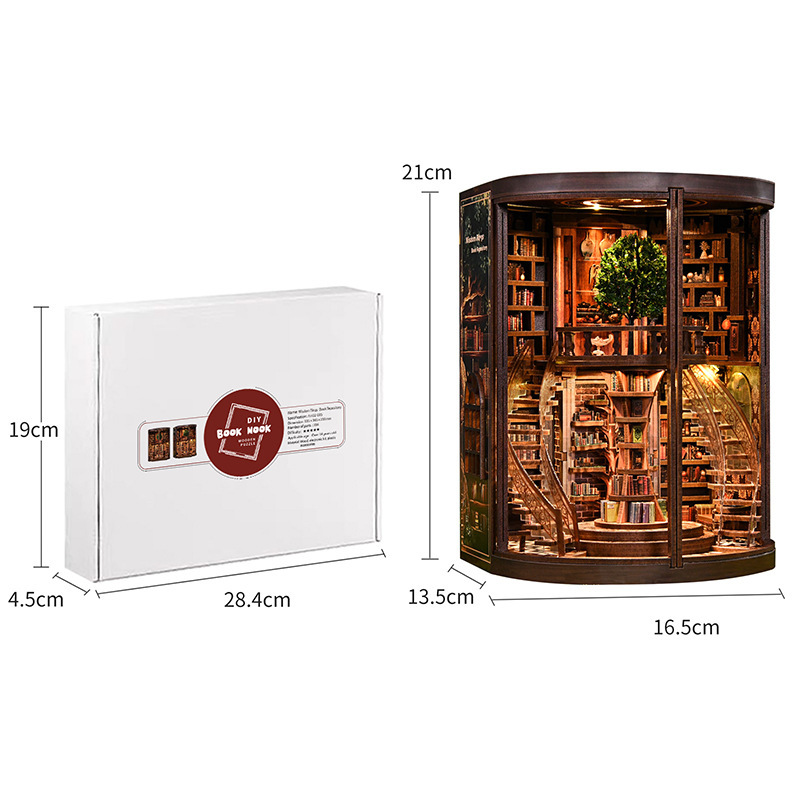 DIY Wooden "Wisdom Rings" Library 3D Puzzle Kit – LED Lighted Miniature Round Bookstore Model, Creative Handcrafted Gift (Battery Powered)