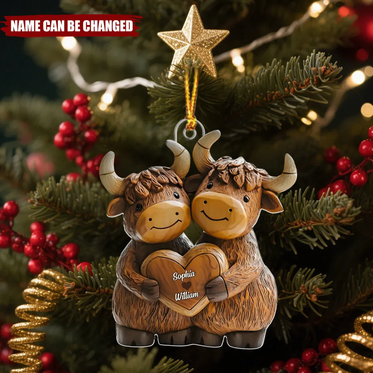 Highland Cowl Couple - Personalized Christmas Acrylic Ornament - MySpotifyGlass
