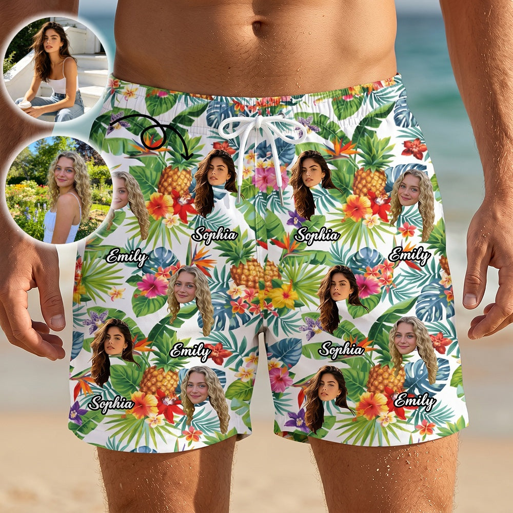 Custom Photo Names Hawaiian Beach Shorts With Tropical Floral Graphic For Summer Gift - MySpotifyGlass