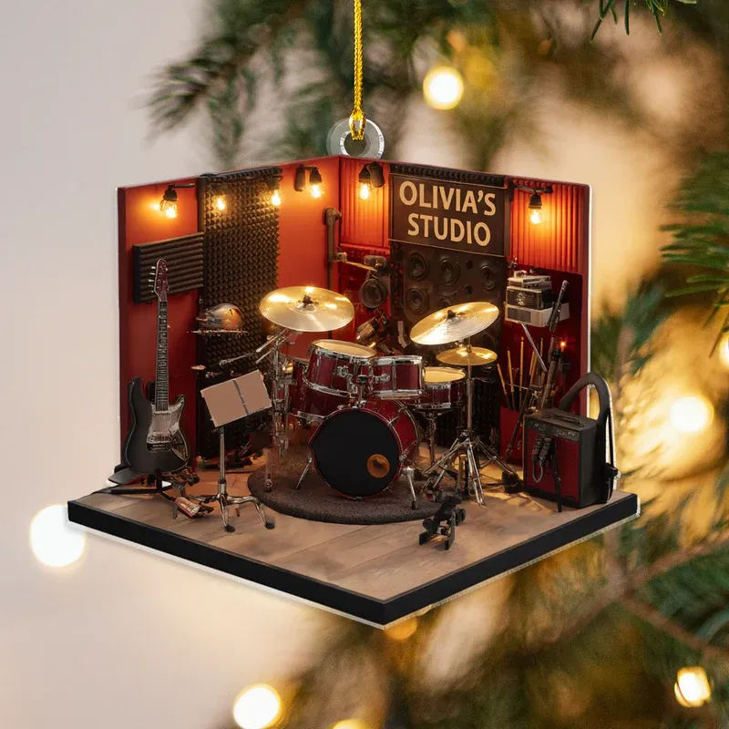 Personalized Drum Studio 2D Flat Acrylic Ornament – Custom Music Room Christmas Decoration Gift for Drummers & Musicians - MySpotifyGlass