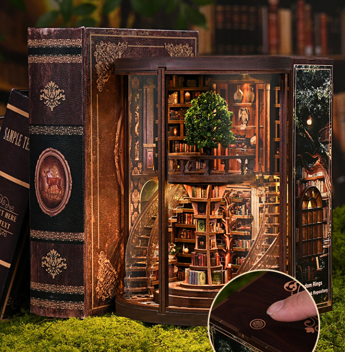 DIY Wooden "Wisdom Rings" Library 3D Puzzle Kit – LED Lighted Miniature Round Bookstore Model, Creative Handcrafted Gift (Battery Powered)