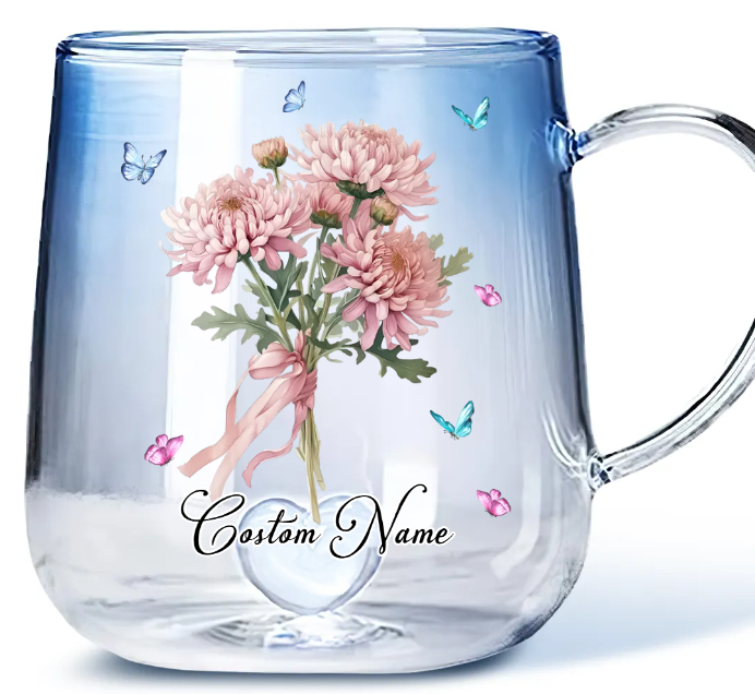 Birthmonth Flower With Name - Personalized Custom Blue Gradient Glass Mug
