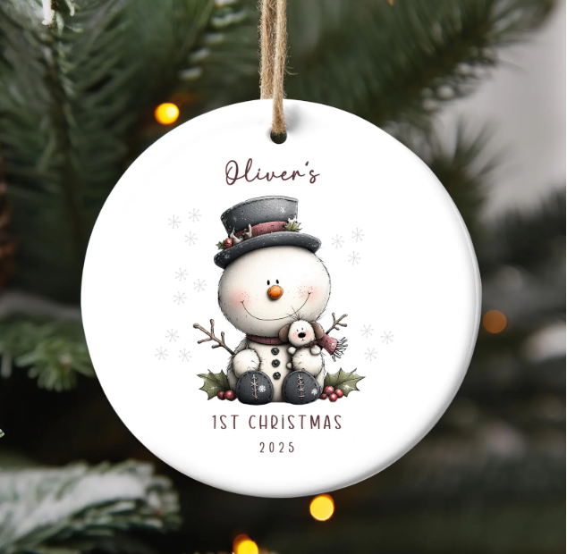 Personalized Baby's First Christmas Ornament Snowman Ceramic Keepsake Custom Baby Name Ornament