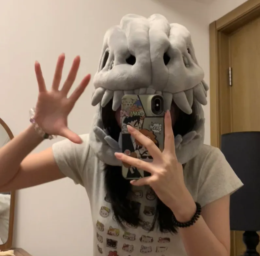 Dinosaur Skeleton Hoodie Hat – Plush T-Rex Skull Cosplay Cap for Halloween Costume, Kids & Adults Reptile Dino Party Prop