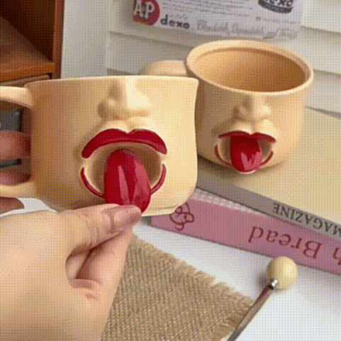 Quirky Interactive Tongue-Out Ceramic Mug - Spring-Loaded Wiggling Mouth Coffee Cup for Stress Relief