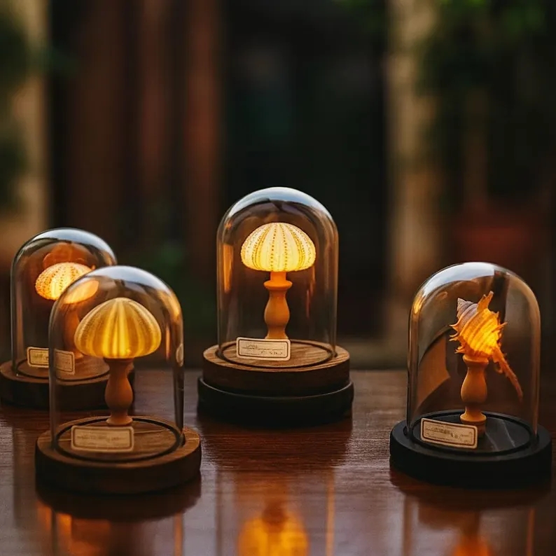 Vintage Seashell Night Light: Coastal Ocean Decor Under Glass Dome