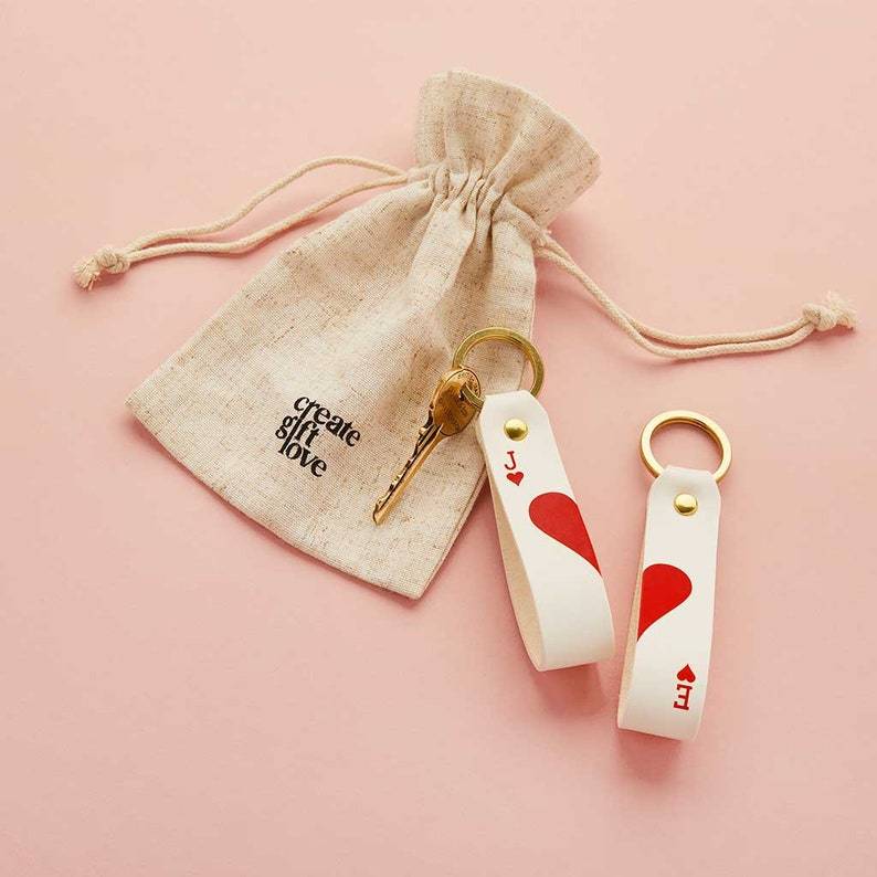Custom Poker Card Heart Keychain Leather Couple Key Ring Valentine Gift
