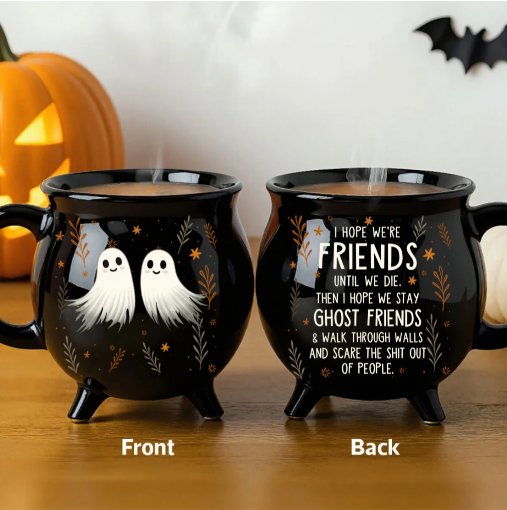 Personalized Ceramic Cauldron Coffee Mug with Ghost Illustration Holiday Party Gift