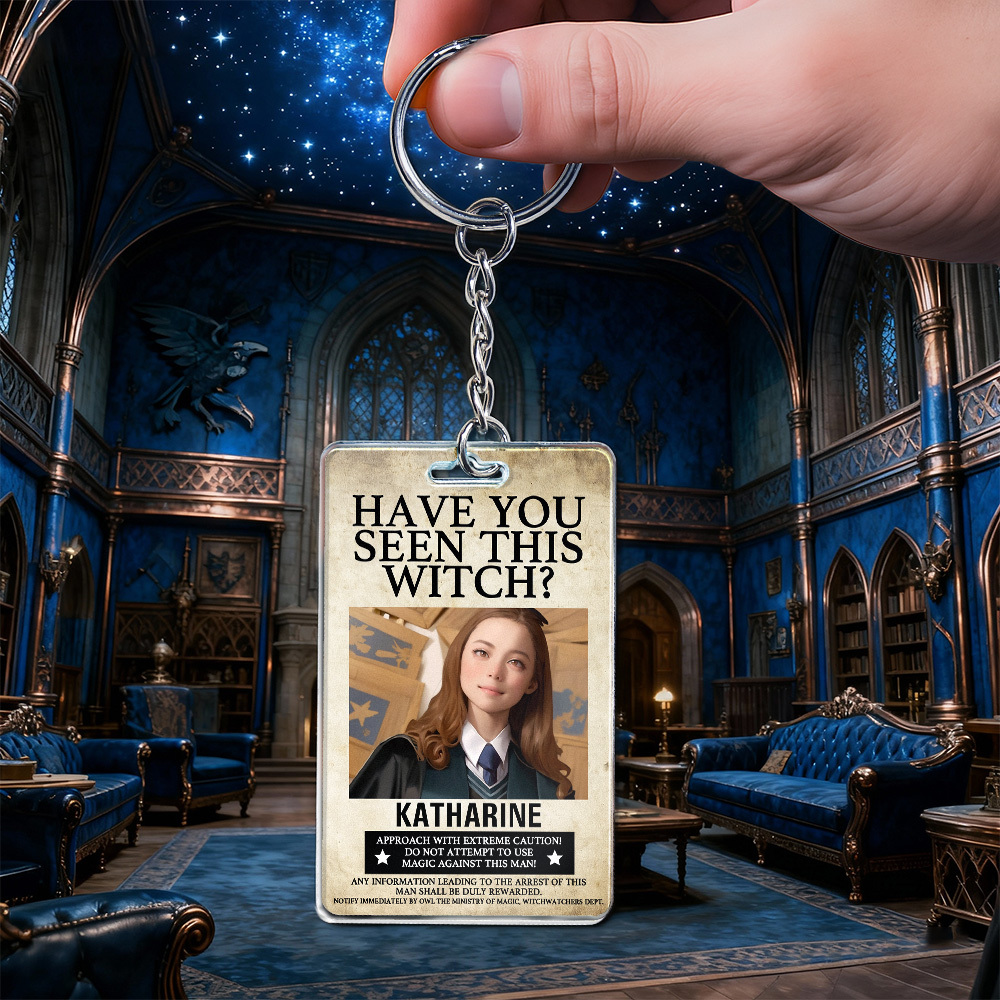 Custom "Have You Seen This Wizard?" Wanted Poster Acrylic Keychain Ornament and Wallet Insert Card �C Personalized Name & House Styles
