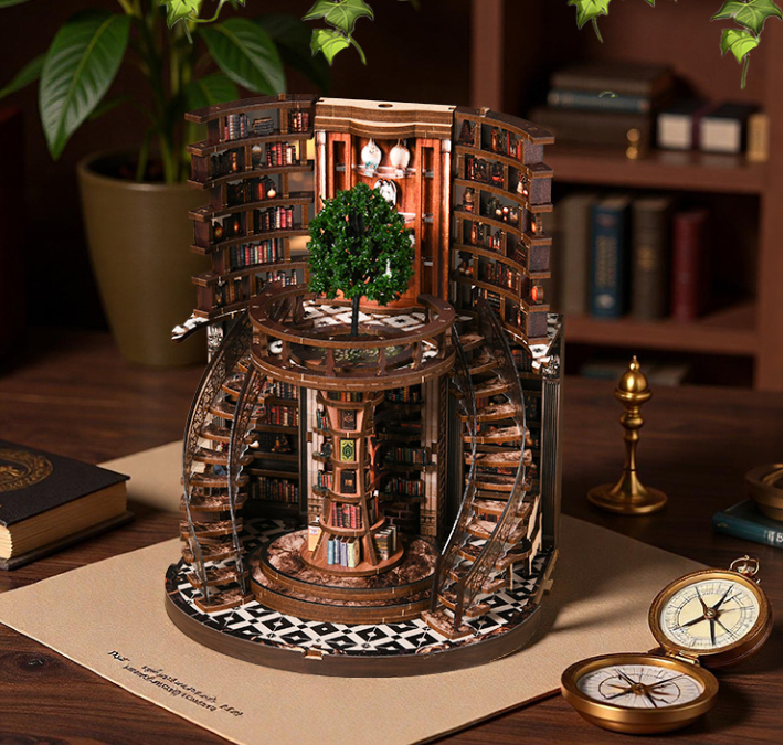 DIY Wooden "Wisdom Rings" Library 3D Puzzle Kit – LED Lighted Miniature Round Bookstore Model, Creative Handcrafted Gift (Battery Powered)