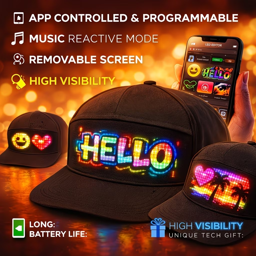 Wireless-Enabled LED Cap with Scrolling Messages, Perfect for Parties, Music Festivals, Night Runs, And As a Gift for Teens. It'S Comfortable And Adjustable
