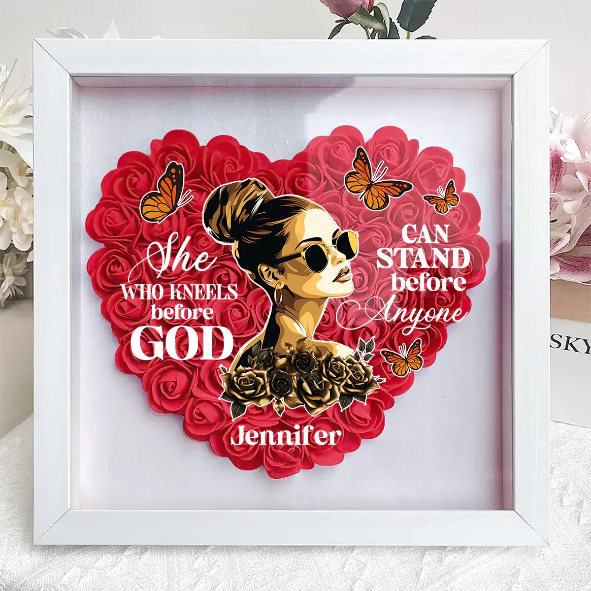 She Who Kneels Before God | Personalized Heart Flower Shadow Box