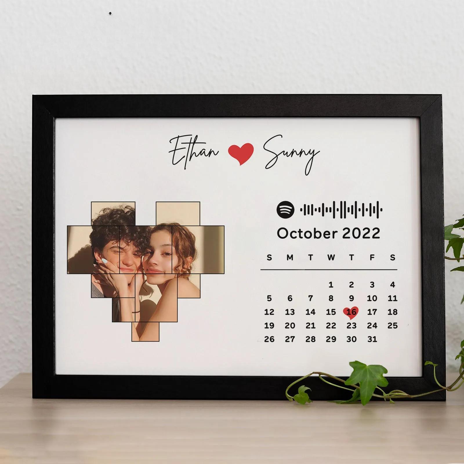 Custom Photo Calendar and Names with Spotify code Wooden Frame Gifts for Her Love Couple