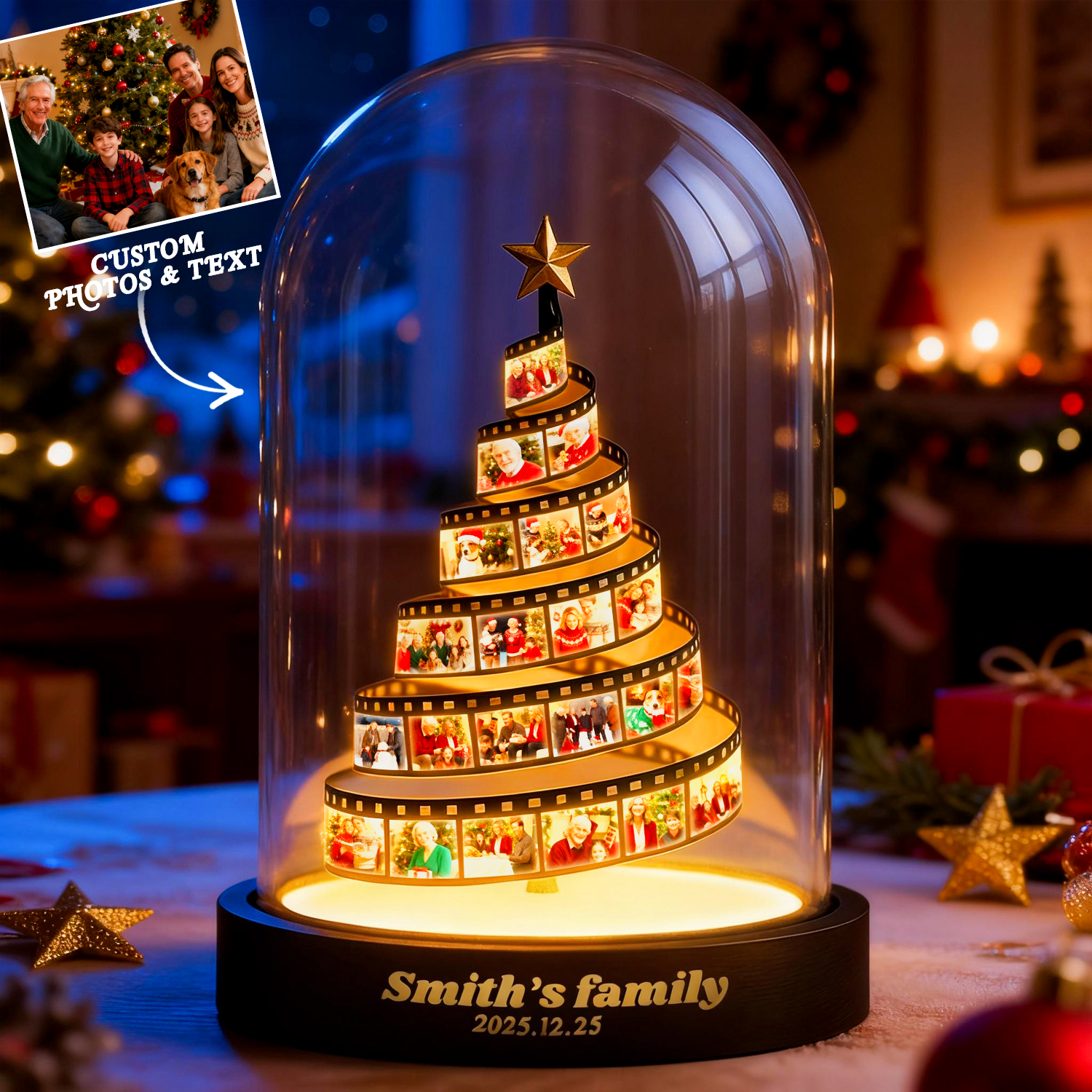 Custom Christmas Gift Photo Film Christmas Tree Night Light Personalized Family Keepsake with Engraved Base