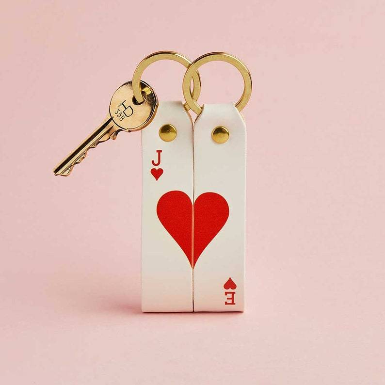 Custom Poker Card Heart Keychain Leather Couple Key Ring Valentine Gift