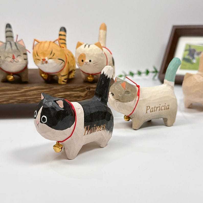 Wooden Cat Figurine Desktop Decor Unique Cat Lover Gift