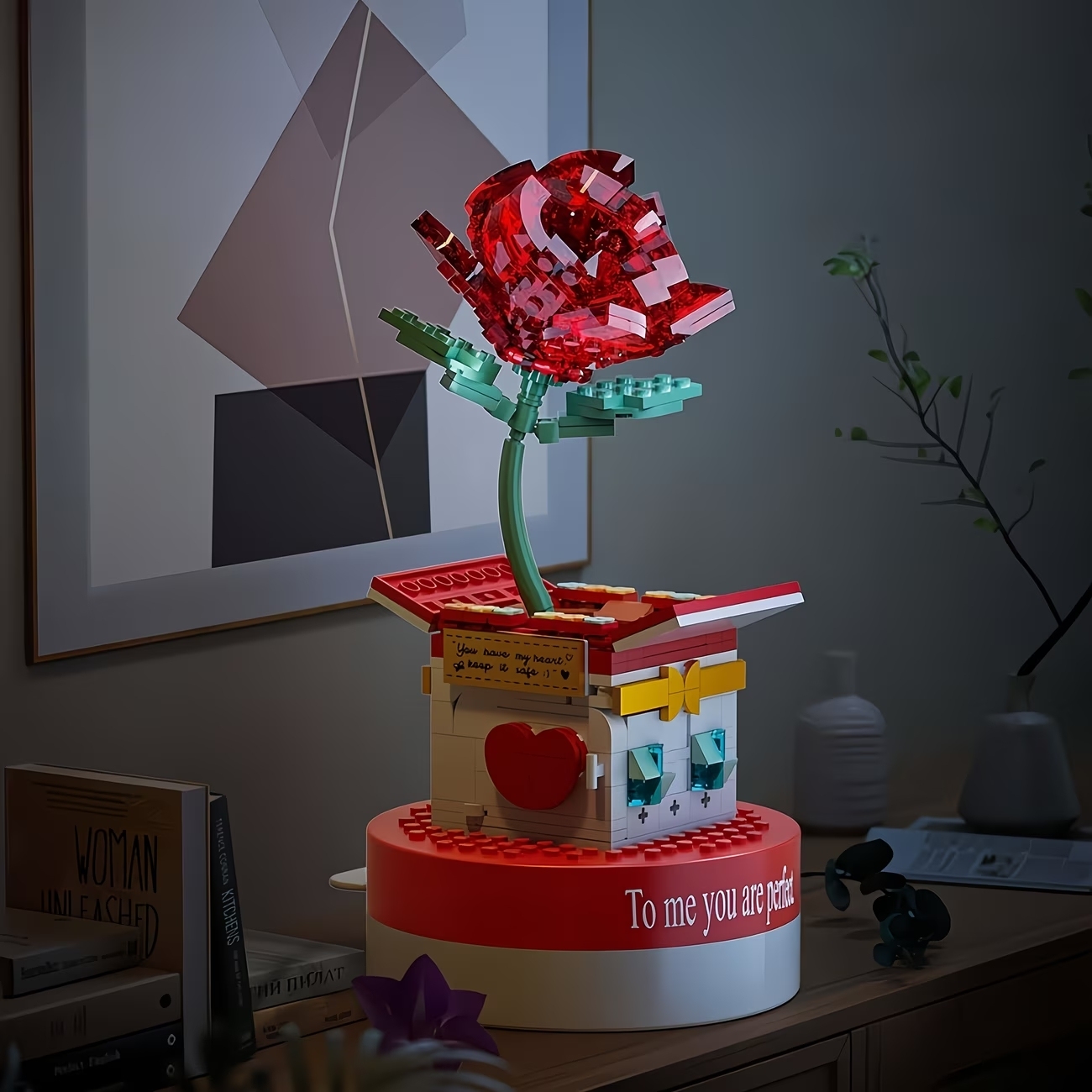 Custom Music Rose Flower Music Box Building Blocks, Romantic Anniversary Gift for Her