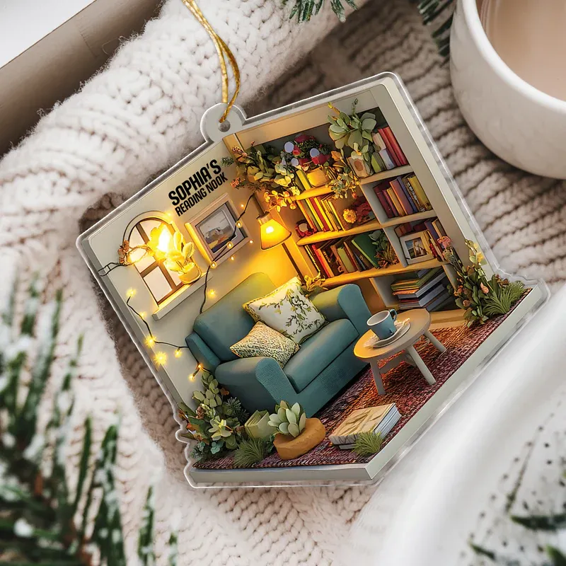 2D FLAT Dreamy Cozy Reading Nook - Personalized Reading Acrylic Ornament, Reading Room Christmas Ornament, Bookworm Gift - MySpotifyGlass