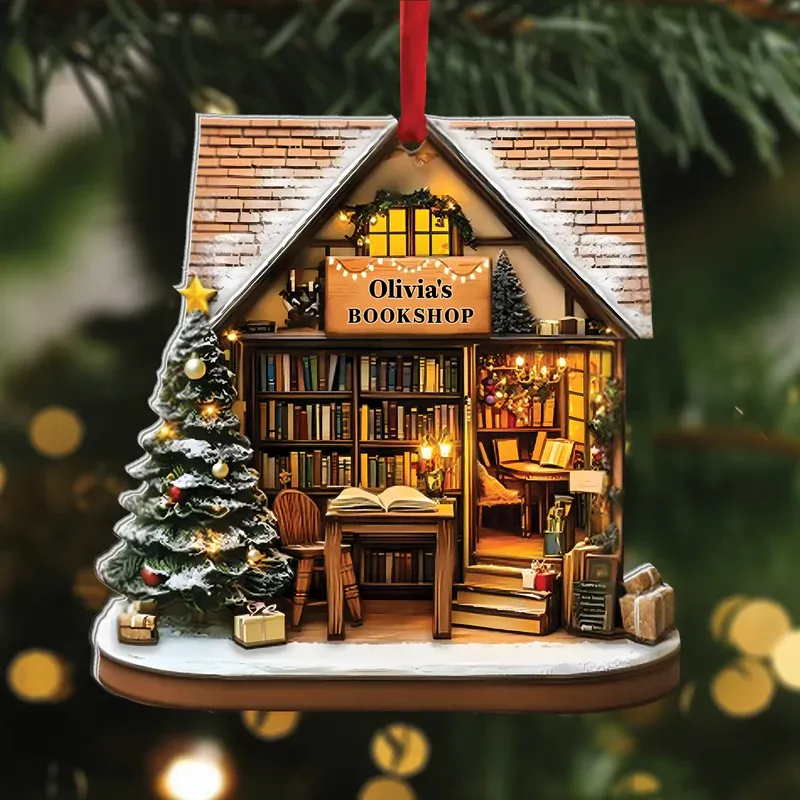Bookshop Personalized Christmas Acrylic Ornament, Custom Name Holiday Tree Decoration for Book Lovers, Unique Ornament Gift for Readers - MySpotifyGlass