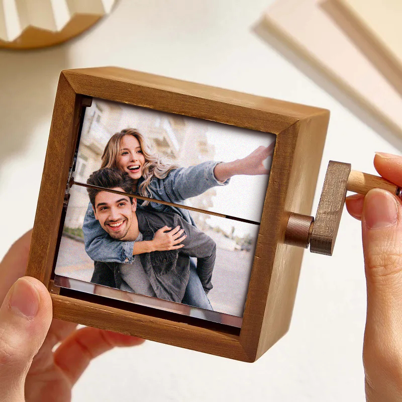 Gifts for Her Personalized Photo Flip Book Frame Animation Machine Mechanical Hand-cranked Photo Album with Light Black Walnut Photo Cube Frame