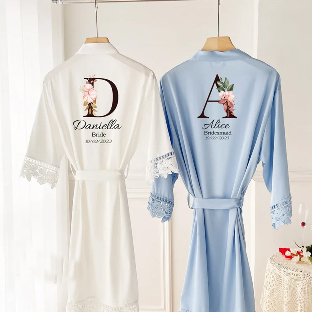 Personalised Bridesmaid Bride robe, Wedding Dressing Gown, floral Bridal robe, Floral Satin Wedding Robes, white bridal Robe, bridal robe