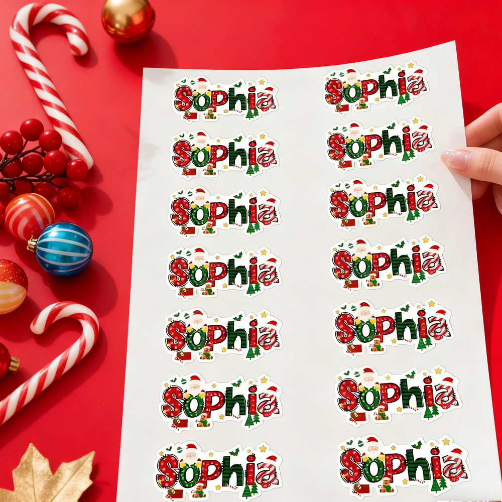 Personalized Santa & Elk Waterproof Name Stickers for Christmas Gifts & Party Favors