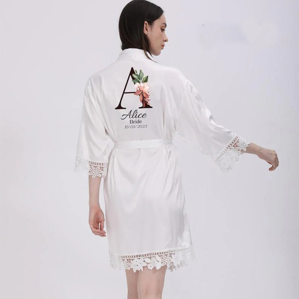 Personalised Bridesmaid Bride robe, Wedding Dressing Gown, floral Bridal robe, Floral Satin Wedding Robes, white bridal Robe, bridal robe