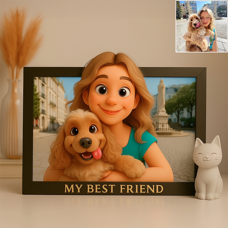 Gifts for Pet Owner Custom Photo Cartoon-Style Picture Wooden Frame - 