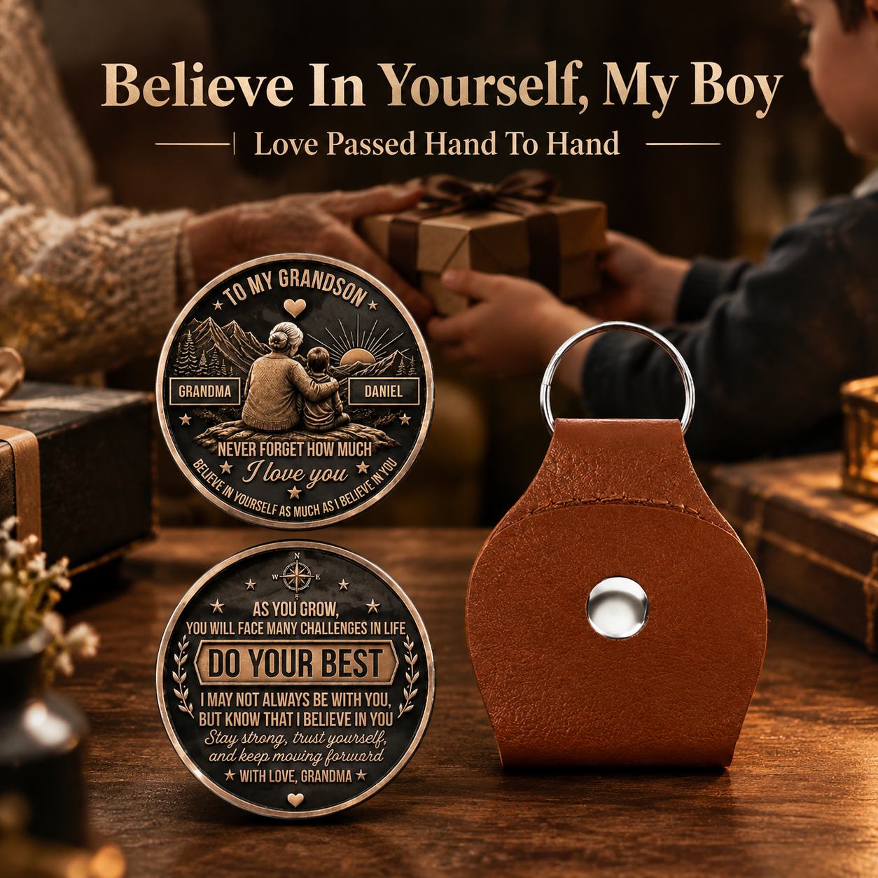 Personalized Grandma To Grandson Coin Custom Pocket Hug Gift For Birthday Christmas