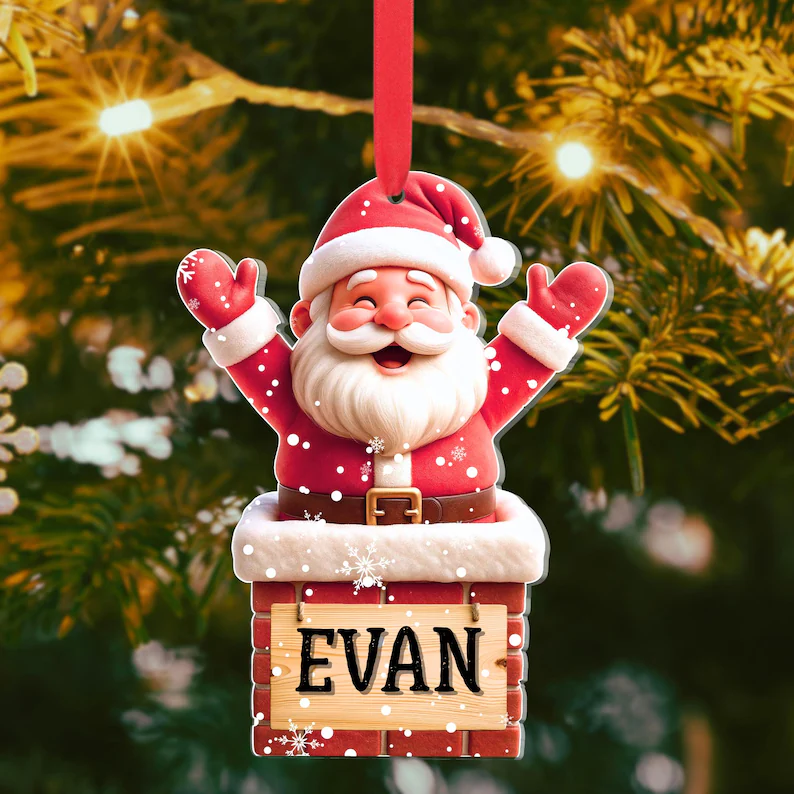 Personalized Santa Chimney Ornament Name Tag Custom Christmas Gift Tag, Cute Santa Claus Acrylic Decoration for Kids, Holiday Ornament
