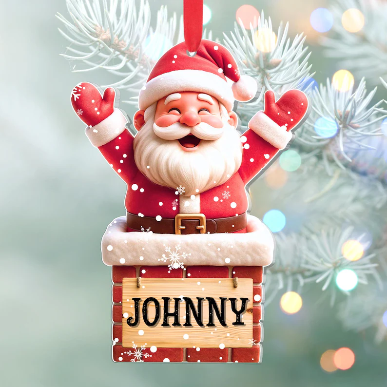 Personalized Santa Chimney Ornament Name Tag Custom Christmas Gift Tag, Cute Santa Claus Acrylic Decoration for Kids, Holiday Ornament
