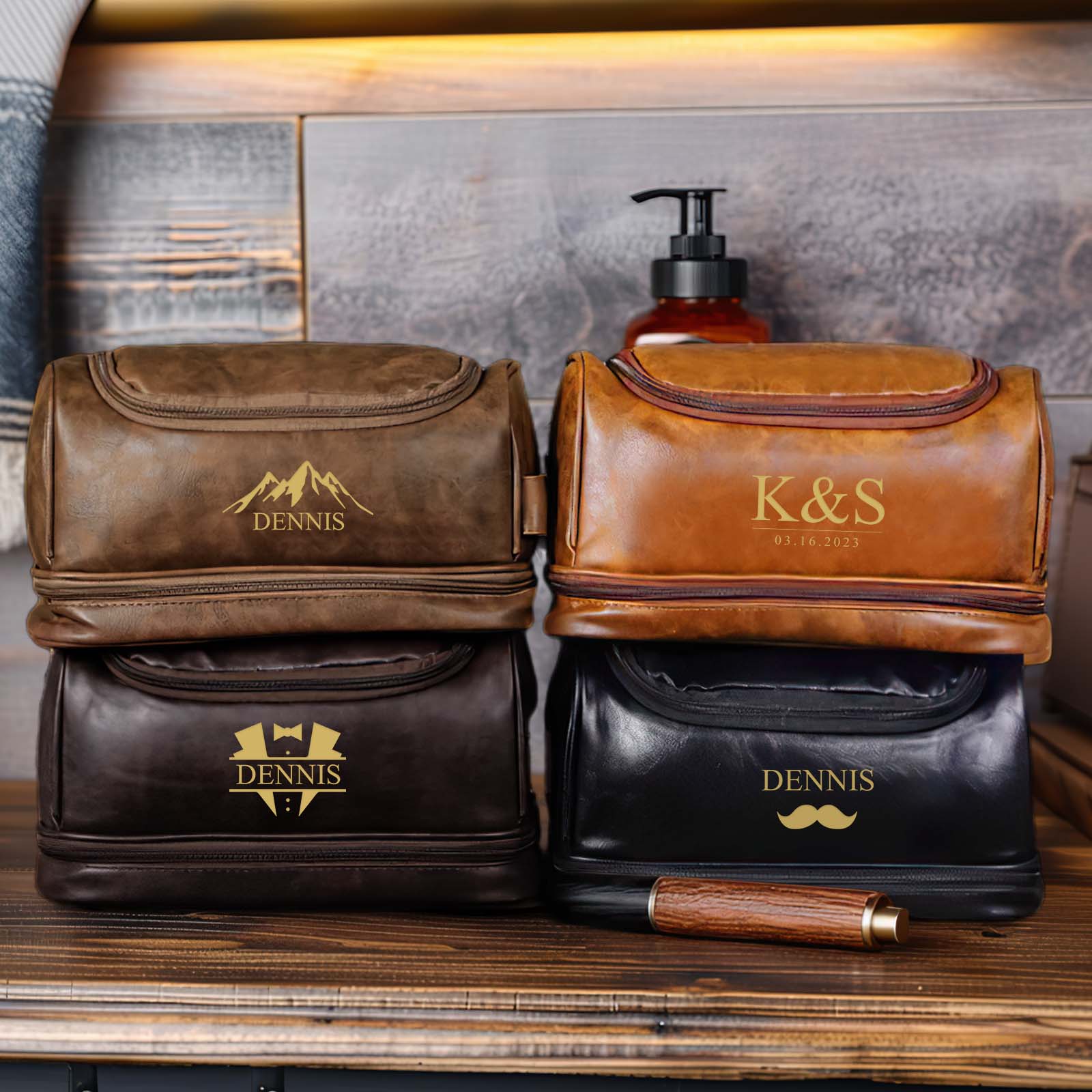 Custom Men's Leather Toiletry Bag Personalized Name Unique Gift for Dad