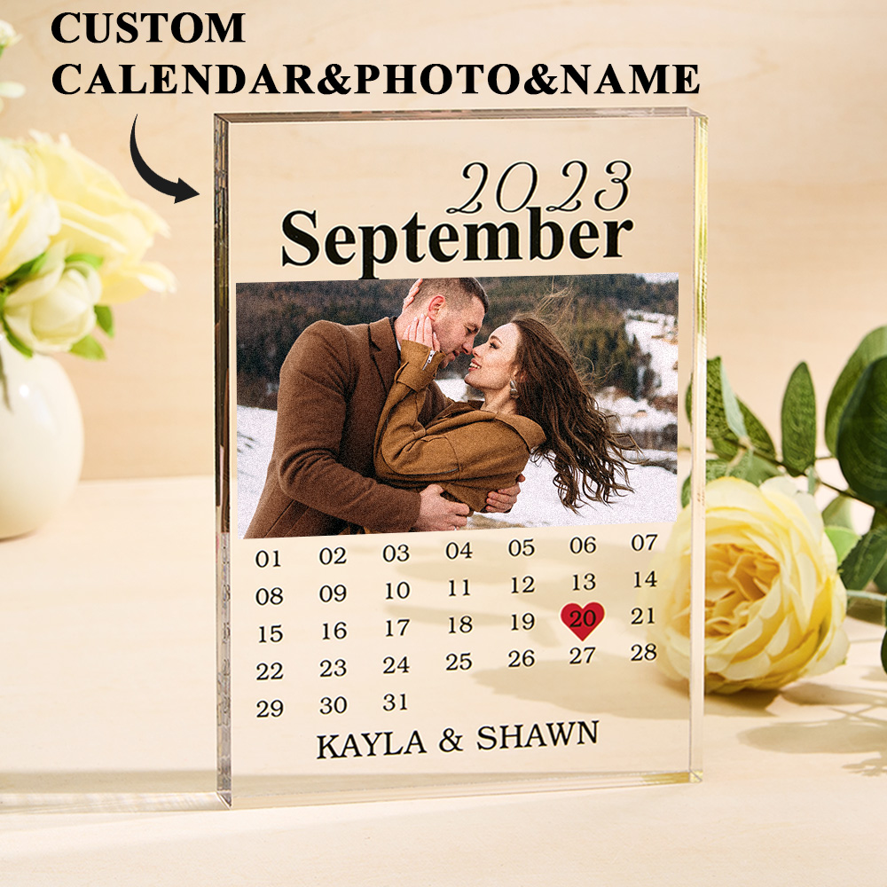 Personalized Calendar Print, Acrylic Block Plaque, Wedding Engagement Anniversary Gift, Couple Photo, Gift For Boyfriend, Gift for Him