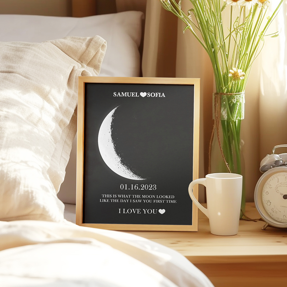 Custom Silver Moon Phase and Names Wooden Frame with Your Text Custom Couple Art Frame Best Valentine's Day Gift -