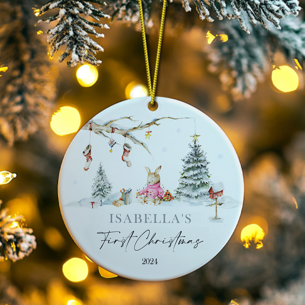 Personalized Rabbit Ceramic Ornament with Name Baby's First Christmas Ornament for New Baby Christmas Gift -