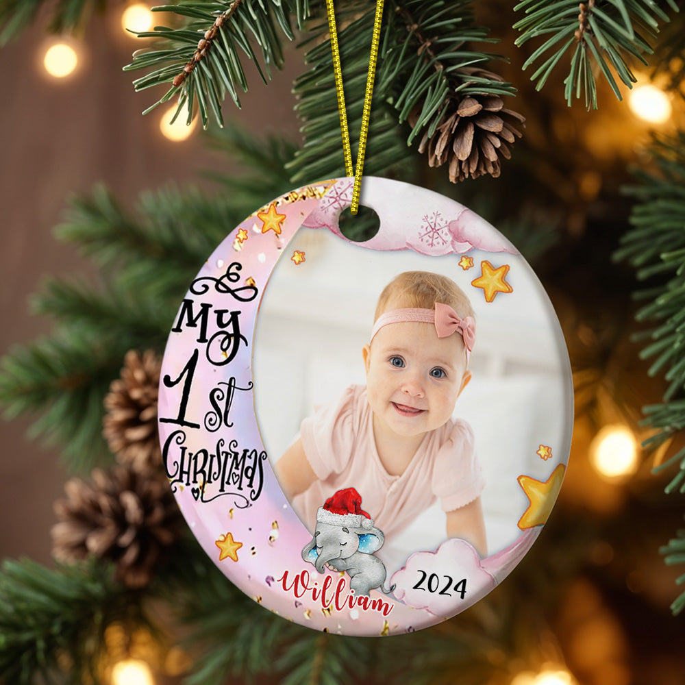 Personalized Baby's First Christmas Ornament Cute Elephant Circle Ornament Christmas Gift for Kid -