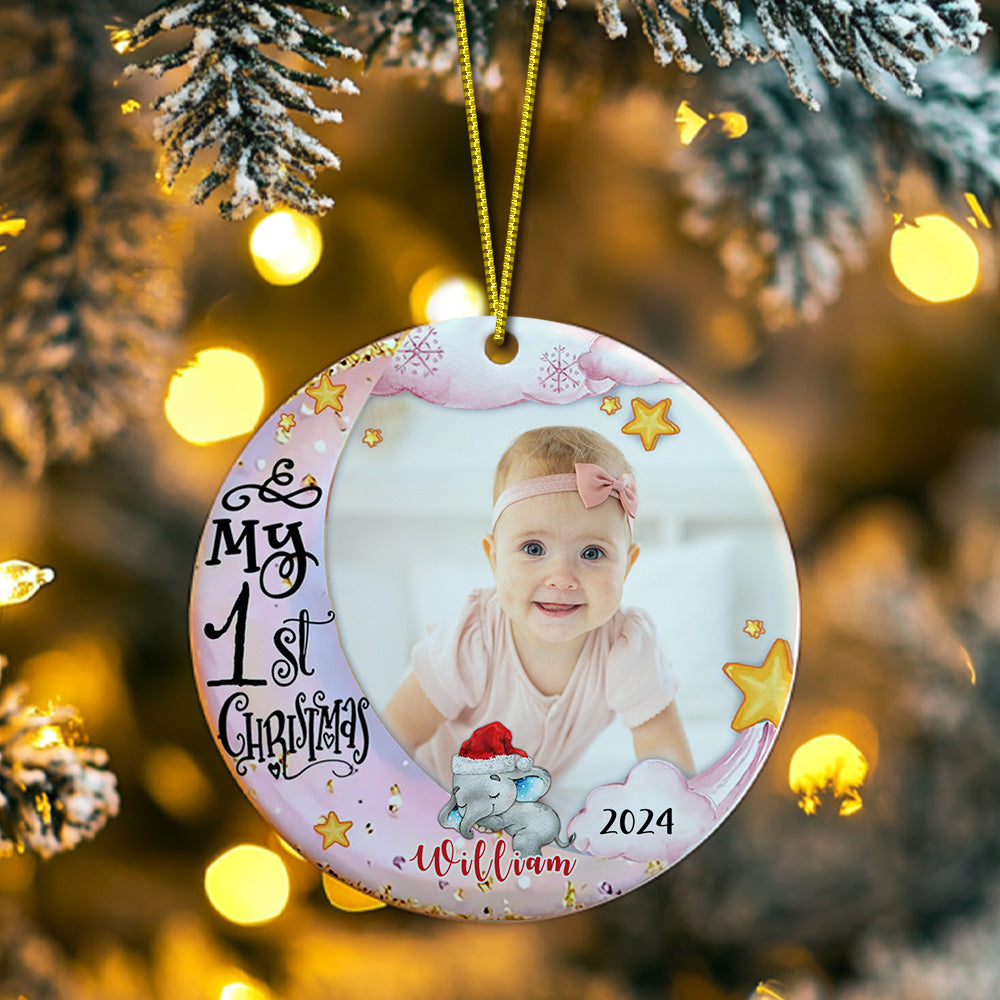 Personalized Baby's First Christmas Ornament Cute Elephant Circle Ornament Christmas Gift for Kid -
