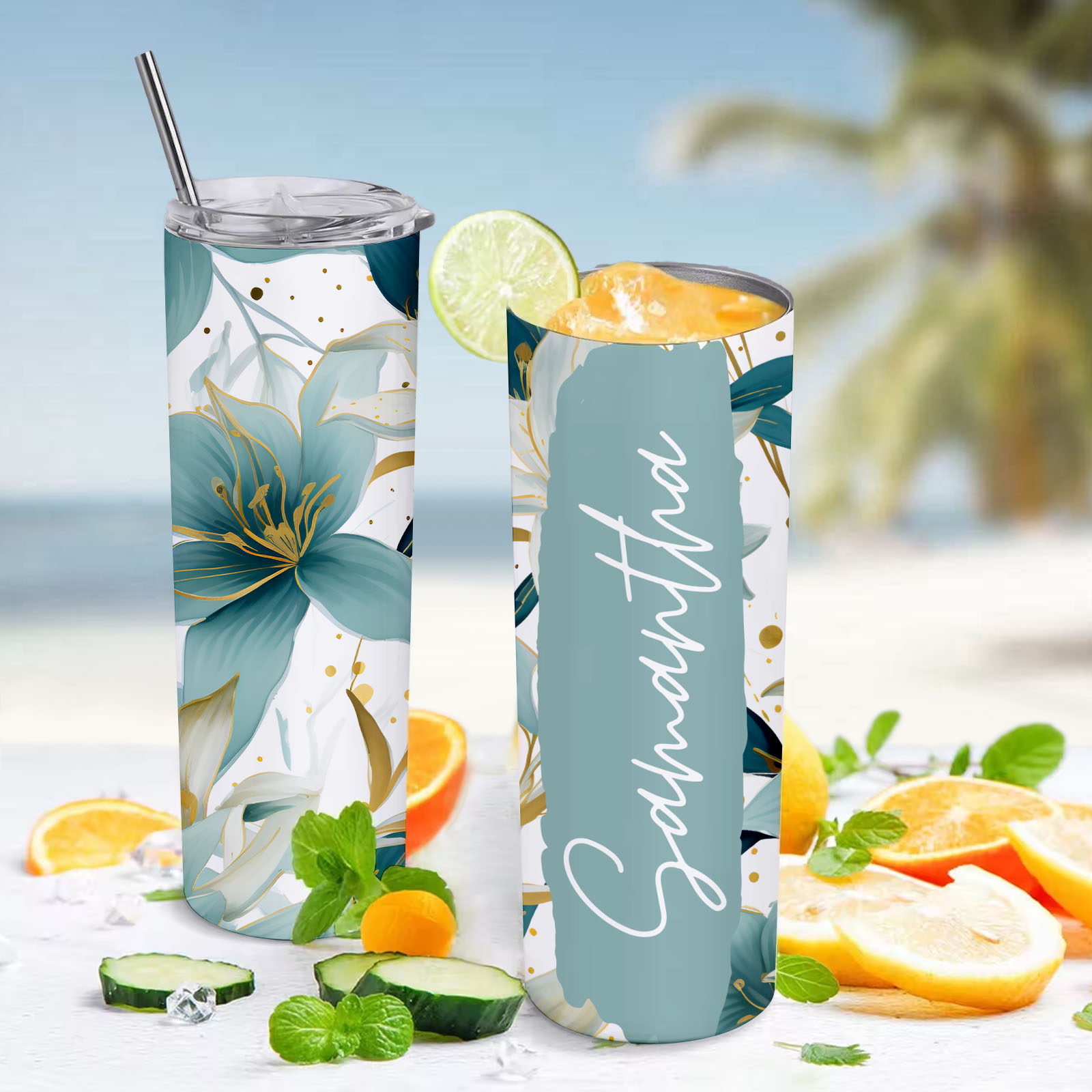 Skinny Floral Tumbler Name Water Cup Seamless Girl Gift