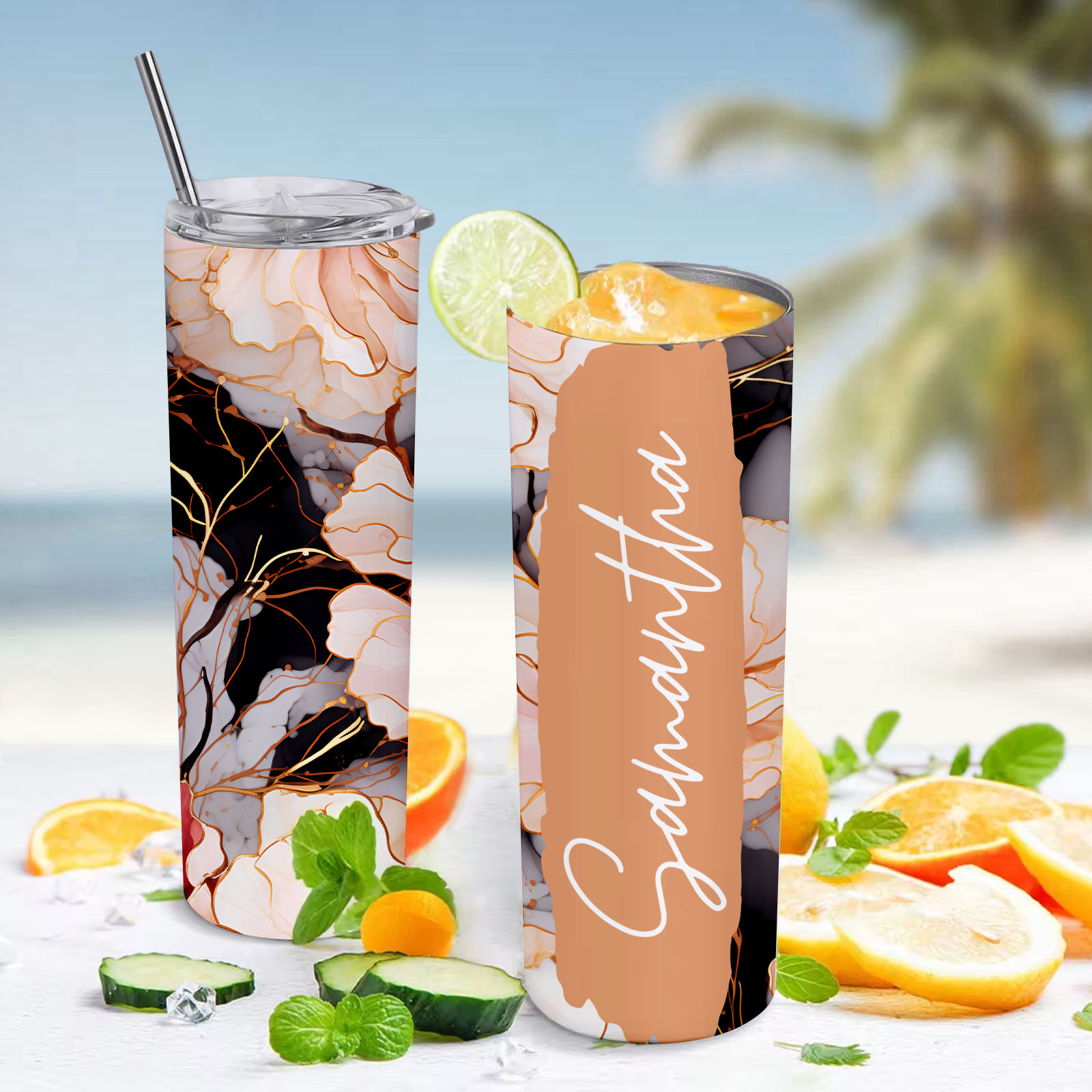 Personalized Text Floral Tumbler Summer Skinny Girl Gift